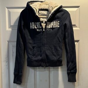 Y2K Abercrombie & Fitch Navy Fur Lined Hoodie Full Zip Sweatshirt S
